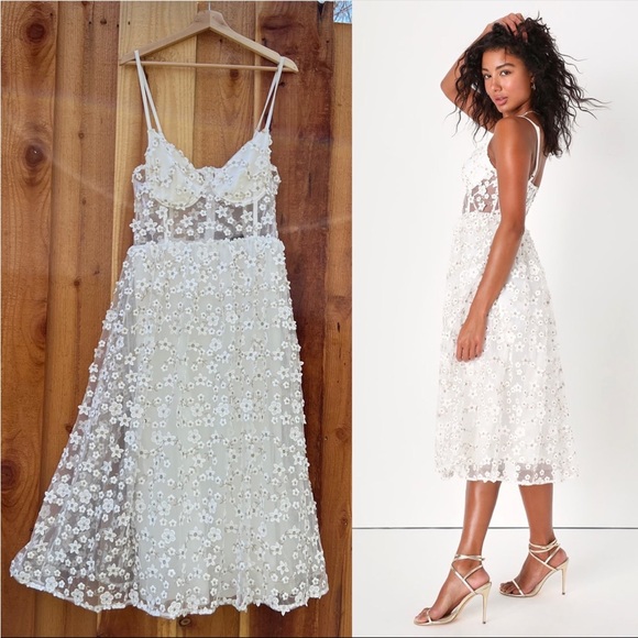 Lulus Dresses & Skirts - White and Sheer 3D Tulle Floral Applique Bustier Midi Dress 🌿